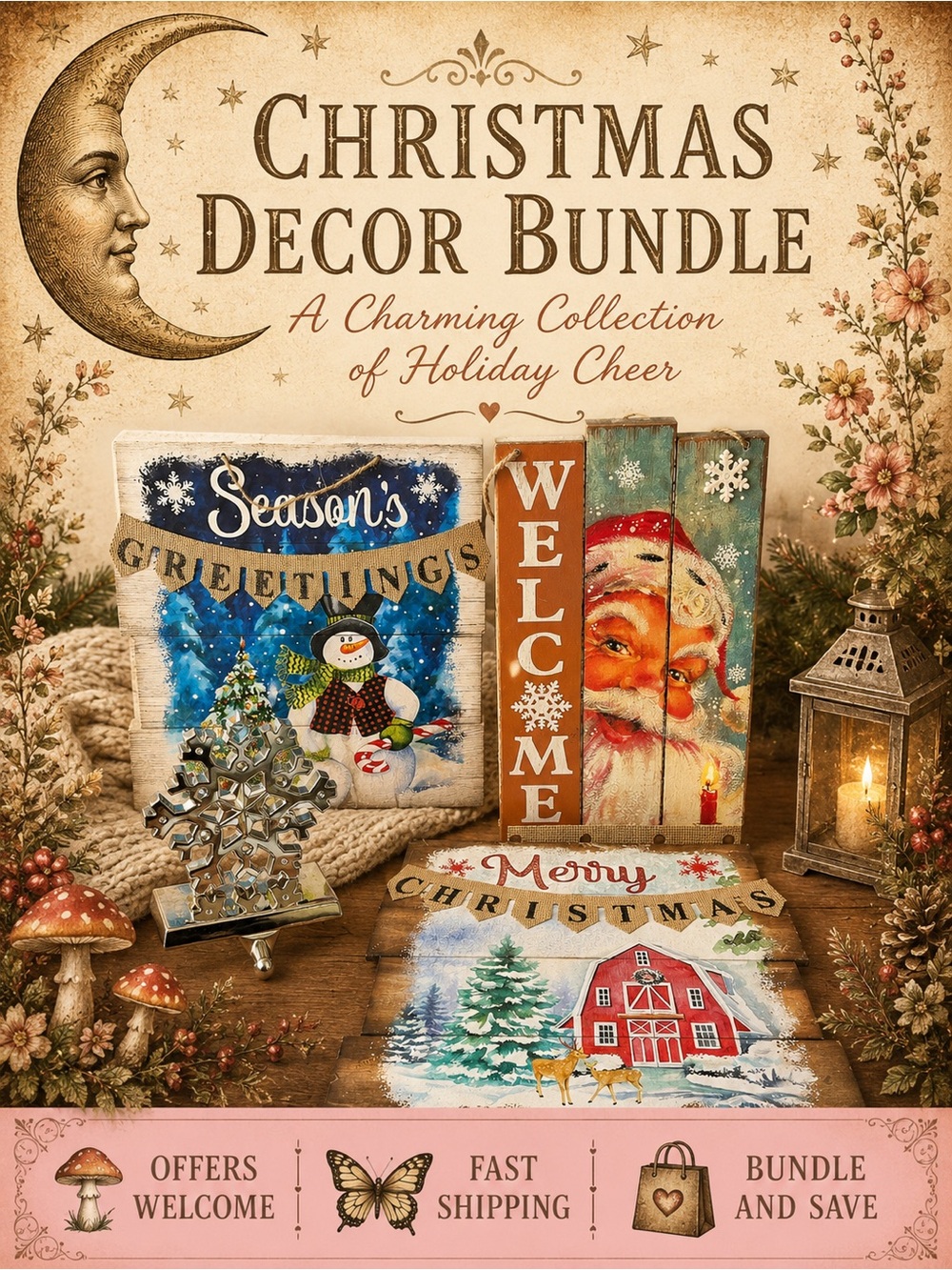 Christmas Decor Bundle Santa Snowman Signs Snowflake Stocking Holder